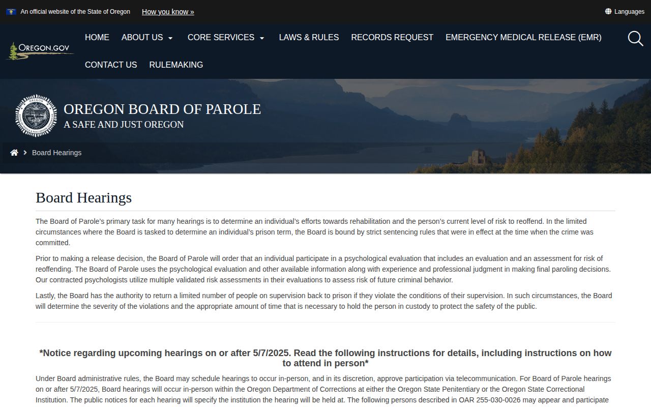 Oregon parole hearing schedule and Board hearing types