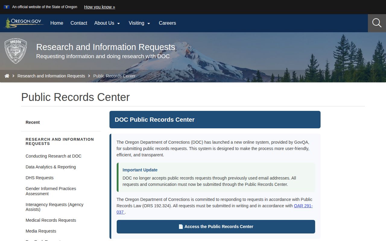 Oregon DOC official release record and Pen Pack request page