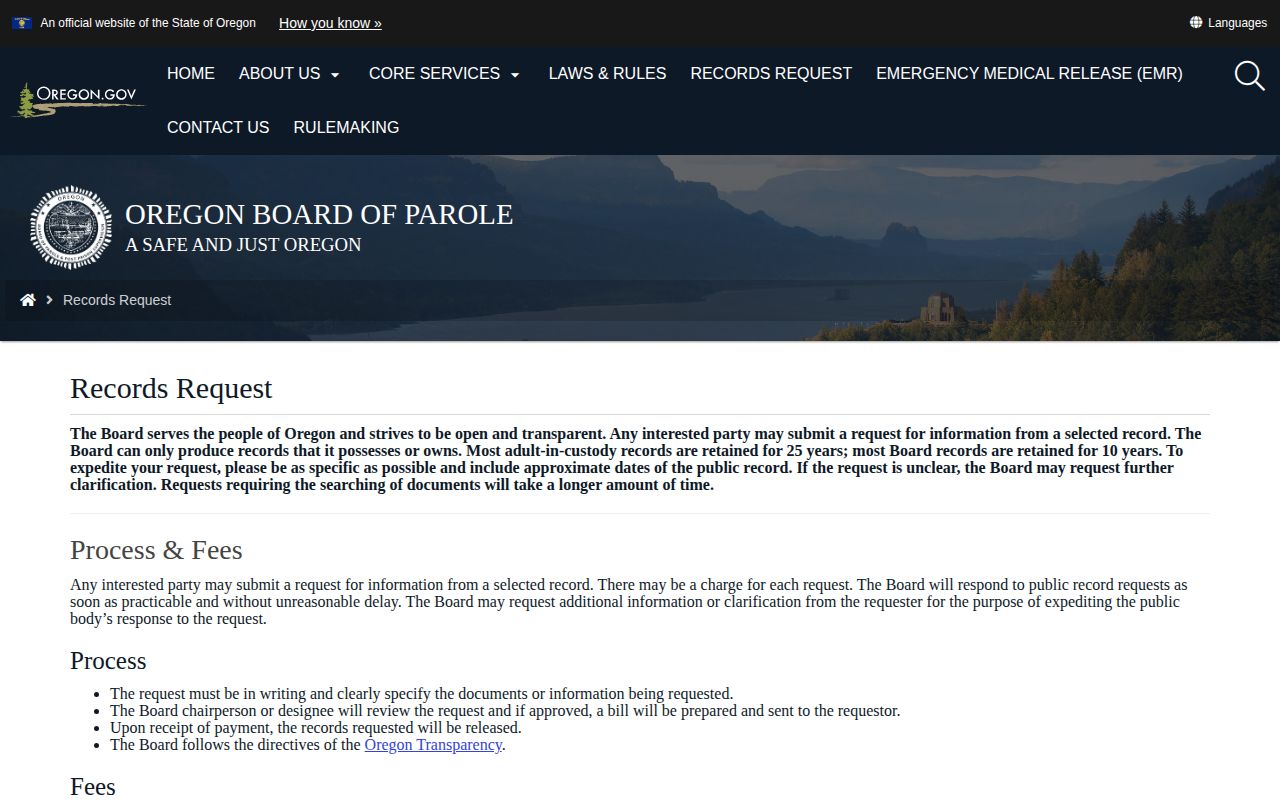 Oregon Board release decision and order records request page