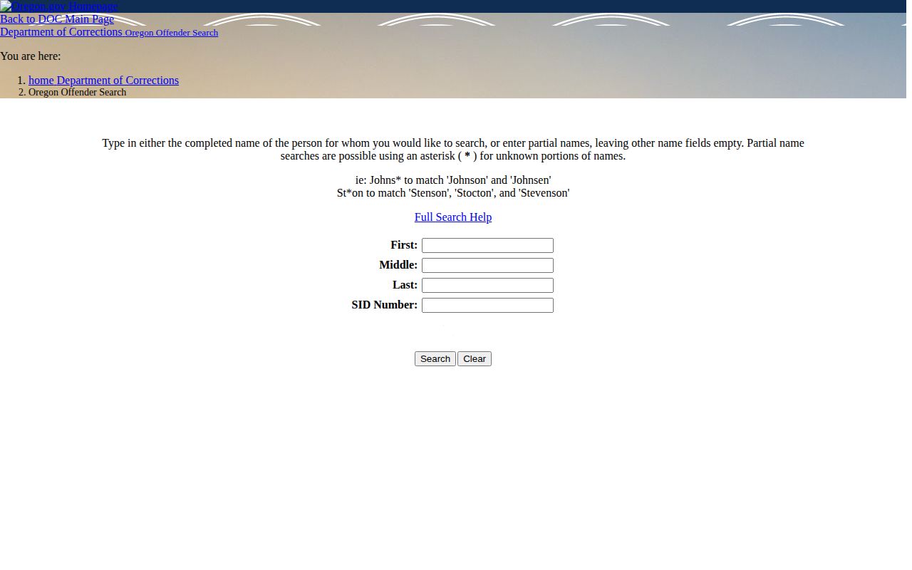 Oregon Offender Search name and SID form for released inmates